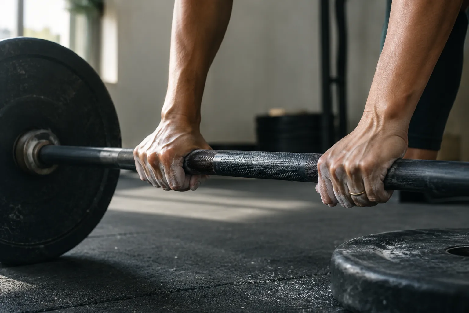 Chalked hands gripping a loaded barbell on a gym floor, ready to lift.