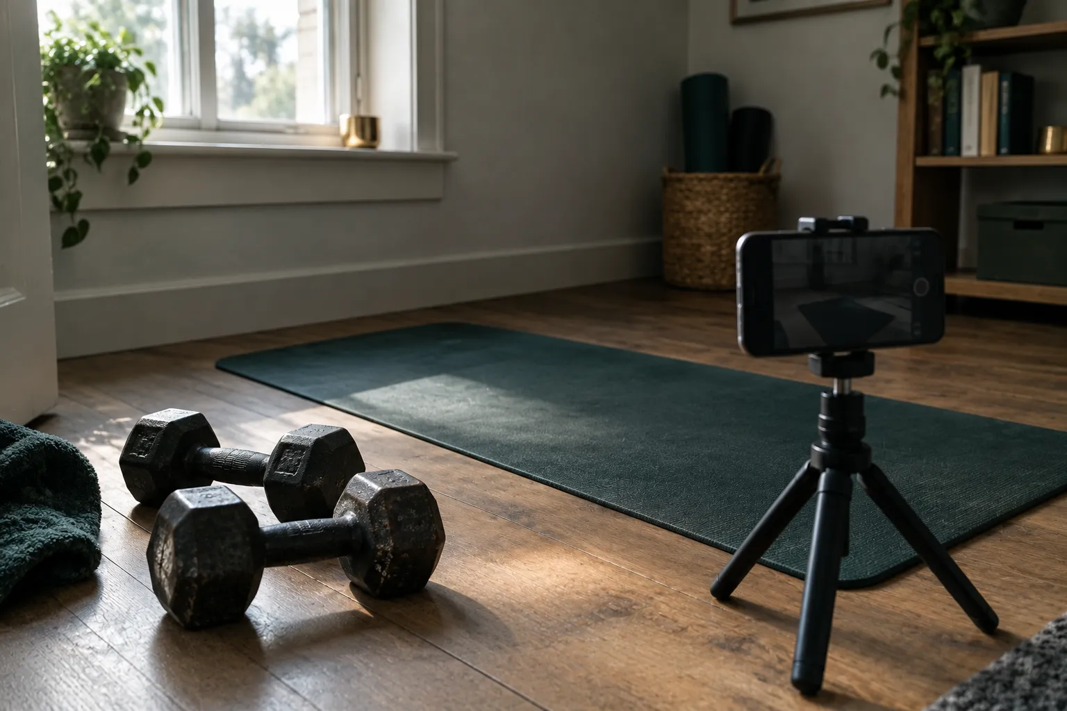 Two dumbbells, an exercise mat and a phone on a small tripod, set up to film a set at home.