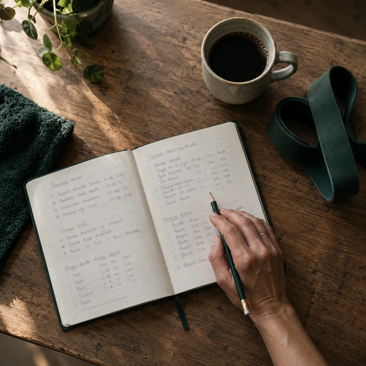 A hand holding a pencil over a notebook of handwritten training notes, next to a mug of coffee and a resistance band.